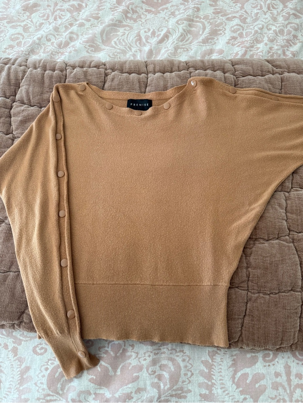 Premise Tan Button-Trim Scoop Neck Sweater